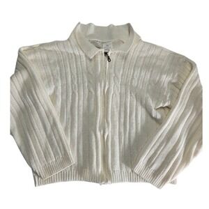 New Moves Womens Knit Zip Up Sweater L Cream Ribbed Mock‎ Neck